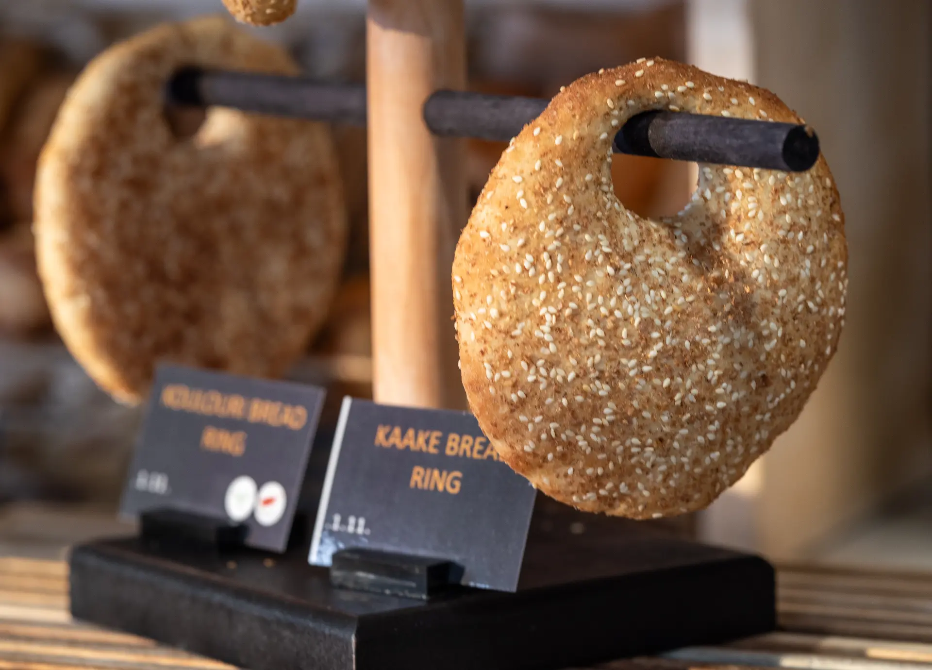 Traditional sesame bread Kaake on display at Bread & Spread