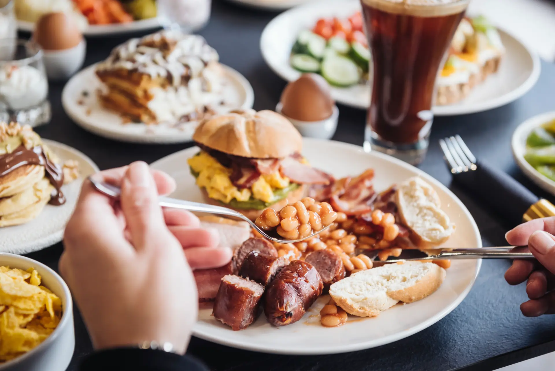 Full English-style breakfast plate served at Bread & Spread